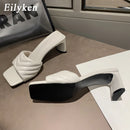 Eilyken Fashion Elegant Slippers Womens High Quality Solid Cozy PU Leather Square Toe Sandals Femme Low Heel Party Dress Shoes