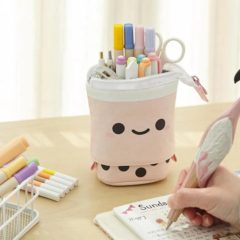 1 Set Cute Boba Milk Tea Telescopic Pen Bag Pencil Holder Stationery Case Stand Up Pencil Case Stationery Pouch Box For Students