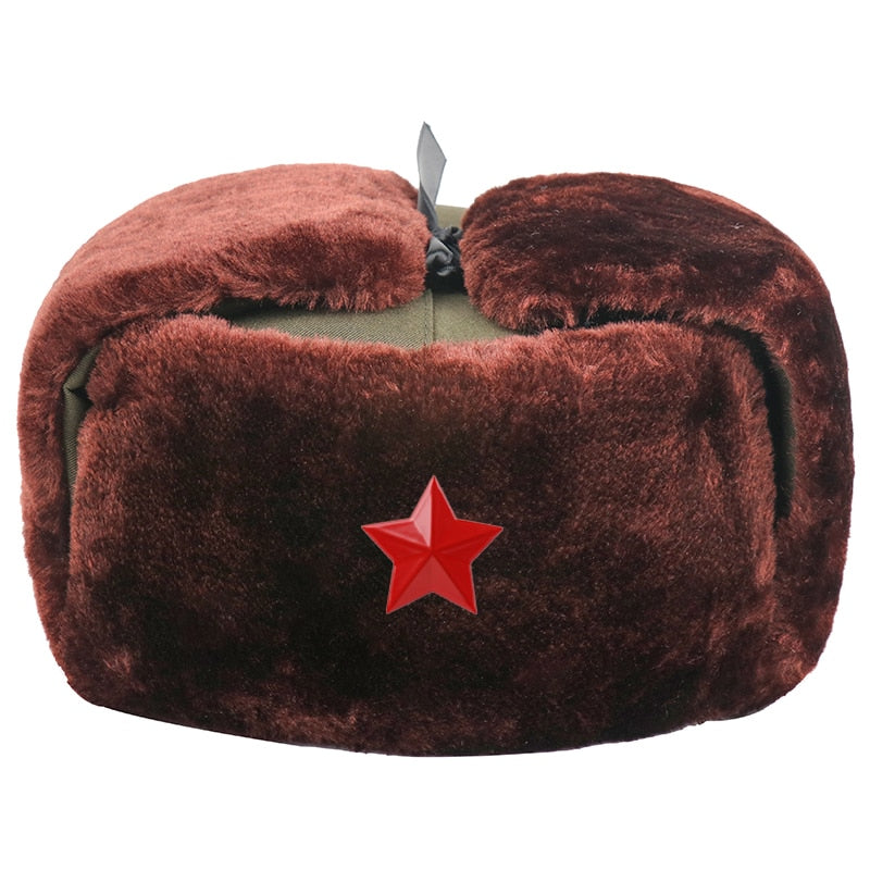 Soviet Badge Russia Ushanka Men Winter Bomber Hats Pilot Faux Fur Earflap Trapper Trooper Hat Russian National Emblem Snow Hats