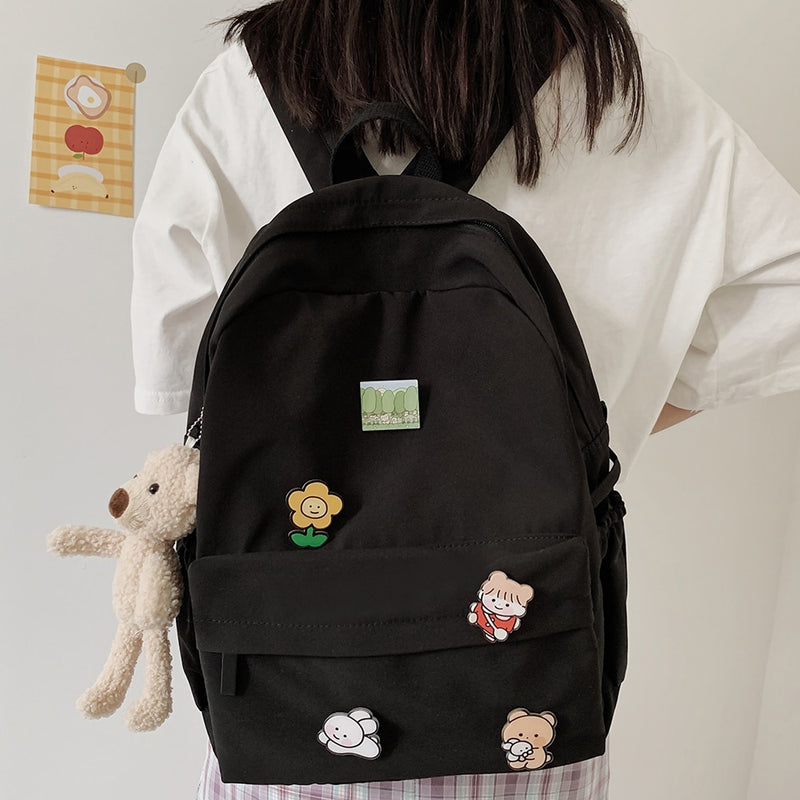 Women Nylon Cute Backpack Bear Female Student College School Bag Badge Girl Doll Backpack Kawaii Book Ladies Fashion Bags Trendy