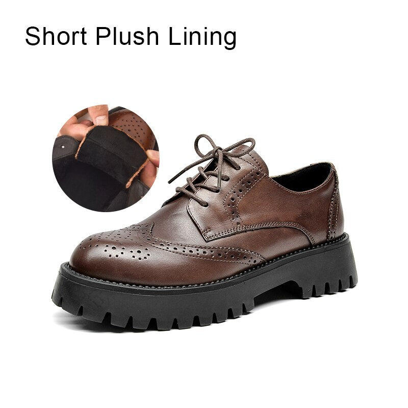 BeauToday Brogue Shoes Women Genuine Cow Leather Wintip Round Toe Cross-Tied Thick Sole Ladies Derby Shoes Handmade 21839