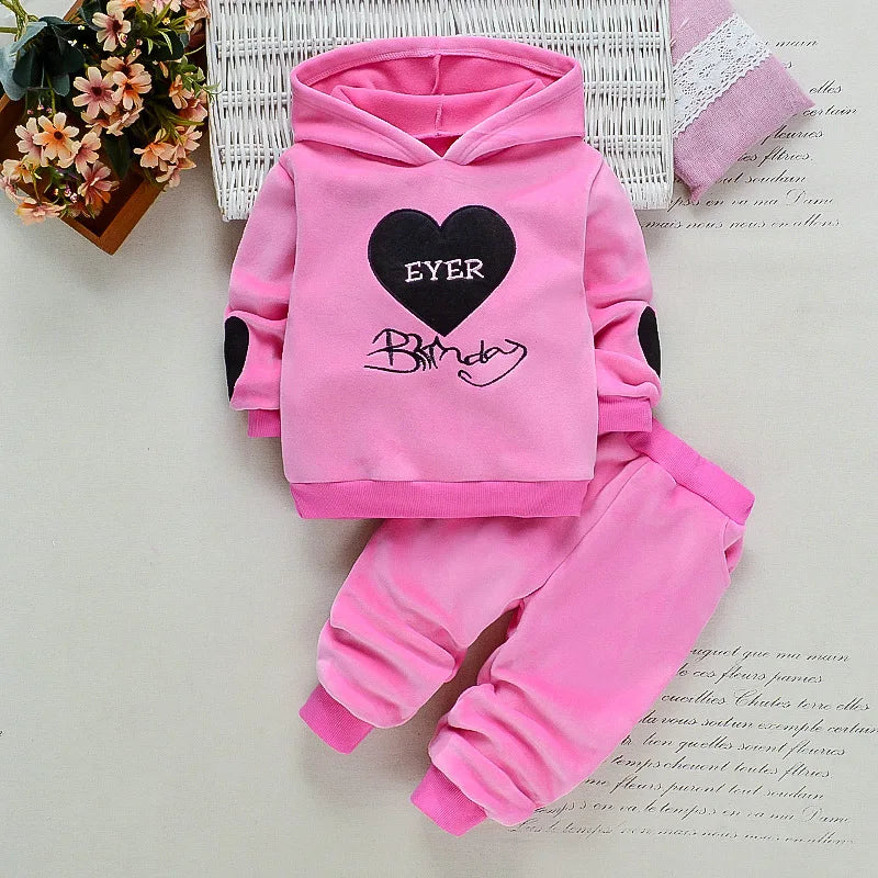 1 2 3 4 Years Winter Warm Baby Girls Clothing Set Love Letters Double-Sided Plus Velvet Suit For Kids Toddler Children Clothes
