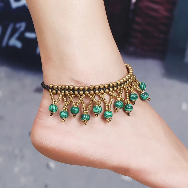 European and American Bohemian Retro Female Anklet Round Beads Semi-precious Stones Hand-woven Beach Holiday Women's Anklet