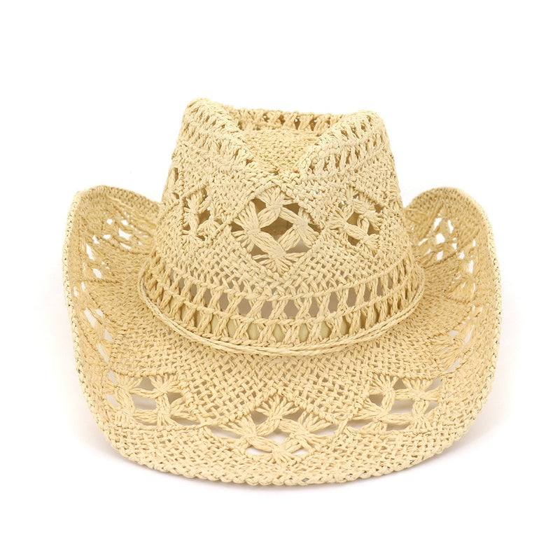 BUTTERMERE Straw Summer Hat Womens Sun Hat Hand Knitting Western Cowboy Cowgirl Hat Hollow Out Khaki Women Men Unisex Sunhat