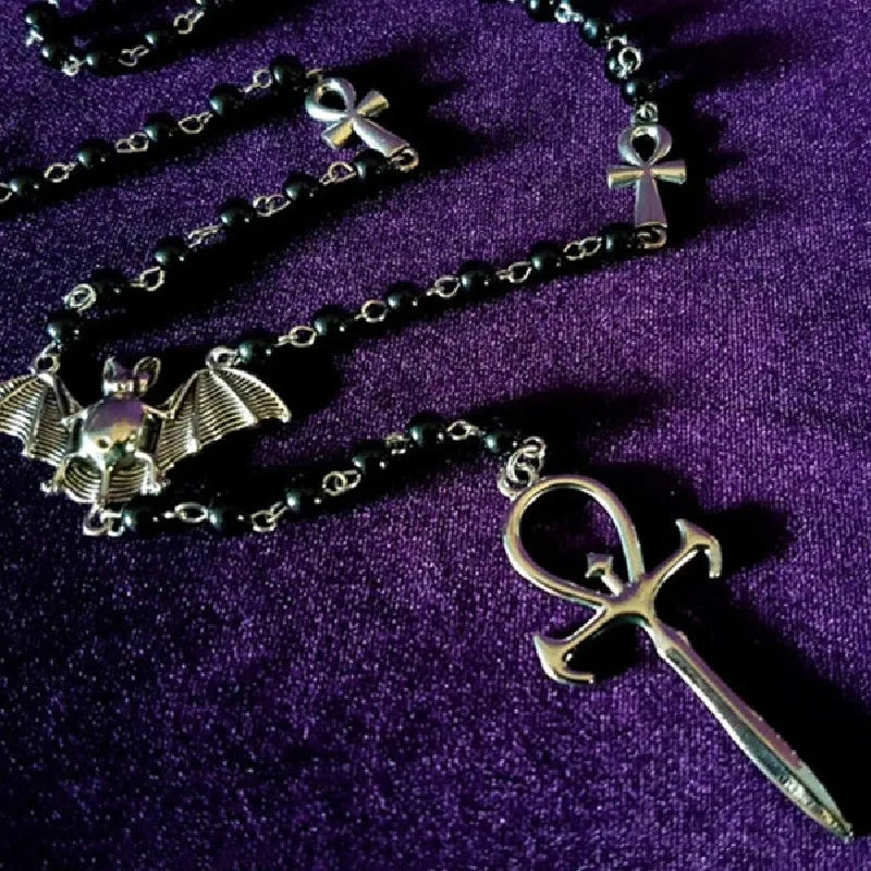 Emo Vampire Ankh Rosary Occult Vamp Bead Necklace Goth Punk Bat Cross Pendant Necklace Handmade Beaded Egyptian Tradgoth Jewelry