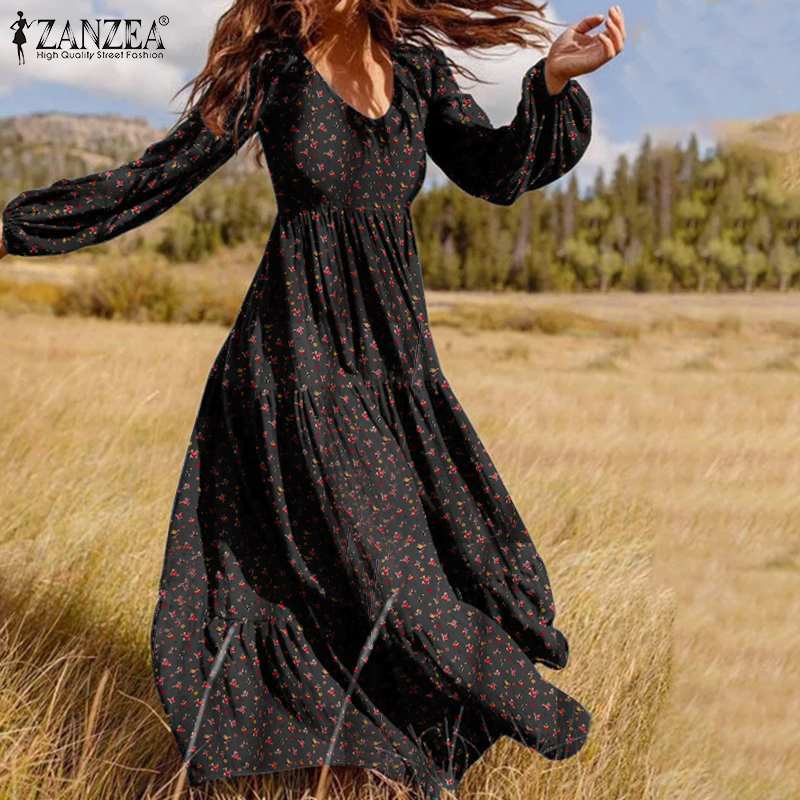 Women's Autumn Sundress ZANZEA 2023 Fashion Ruffle Maxi Dress Casual Puff Sleeve Tunic Vestidos Floral Print Robe