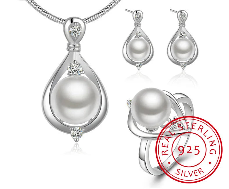 New Fashion 925 sterling silver Fine Jewelry Set Crystal Pearls Ring Earrings Necklace Jewelry Sets For Women