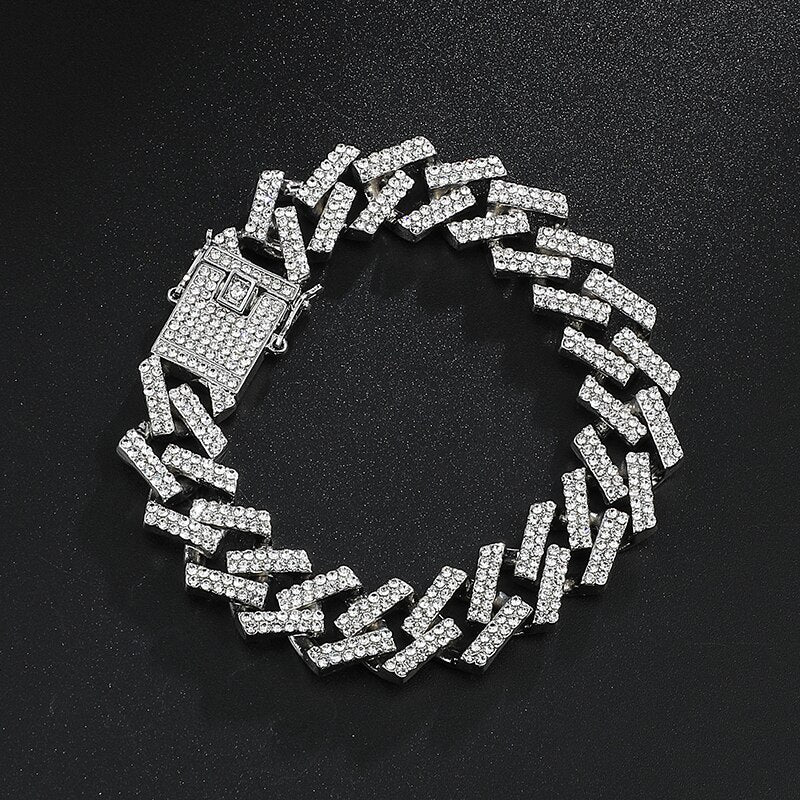 Hip Hop 15MM Bling Iced Out Full Rhinestone Bracelet Geometric AAA CZ Stone Cuban Chain Bracelets For Men Jewelry