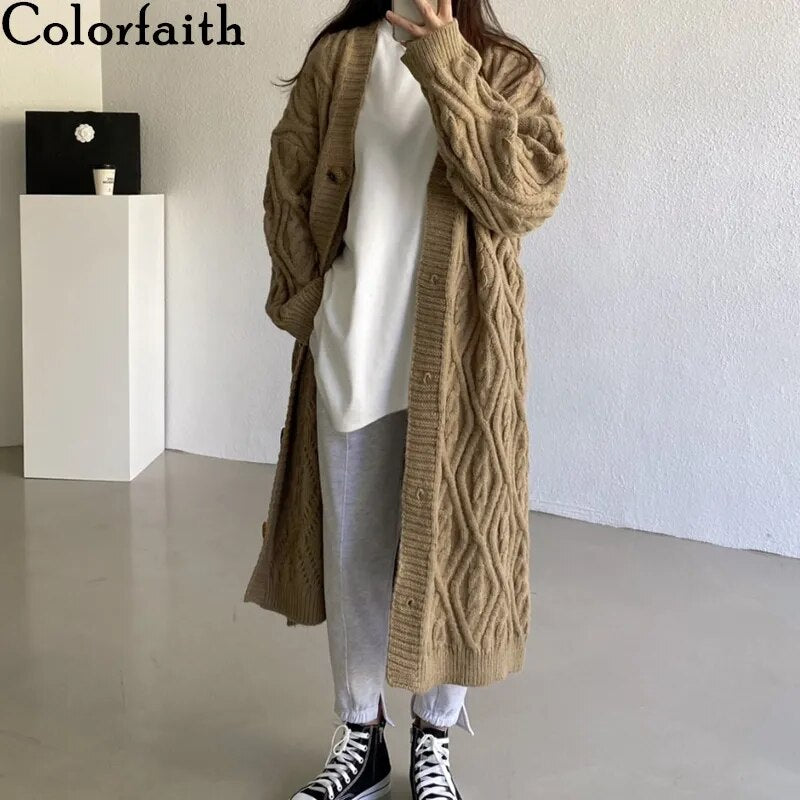 Colorfaith New 2020 Autumn Winter Women's Sweaters V-Neck Buttons Long Cardigans Knitted Oversize Vintage Korean Tops SWC1182JX