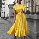 Women Vintage Butterfly Sleeve V Neck Party Dress High Street Ladies Solid Lace-Up Ruffle Dress Summer Elegant Dress Vestido 3XL