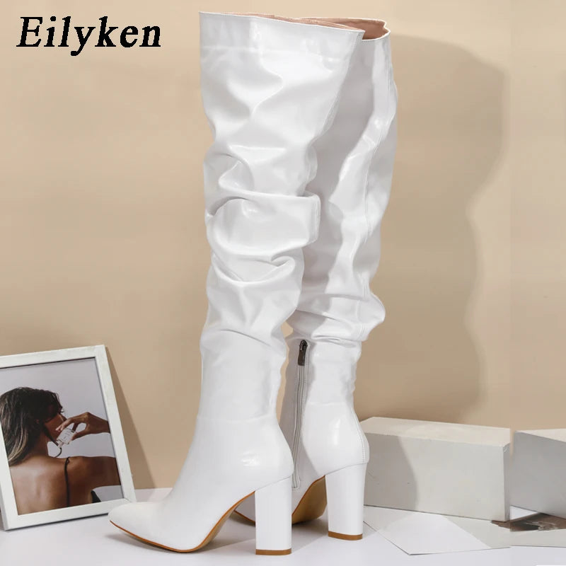 Eilyken Winter Women Over-the-Knee Boots Punk Style Square High Heel Zipper Shoes Pleated Pointed Toe Ladies Long Booties