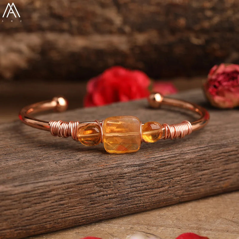 Natural Quartz Stone Beads Gold Bracelets Women Citrines Roses Quartz Chip Beads Open Cuff Bangles Bracelets Friendship Jewelry