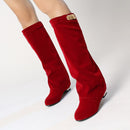 Women Boots Buckle Belt Flock Leather Low Heel Women's Boot Autumn Winter Loose Shoes Female Black Booties knee high Boots 33-43