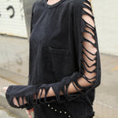 Street-Punk-Mode Damen T-Shirt mit Löchern, Persönlichkeit, Quasten und Taschen, locker geschnitten, gewaschene Baumwolle, Damenbekleidung