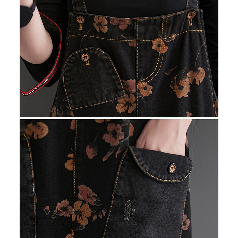 Loose Jeans Black Jumpsuit Women Casual Oversized Baggy Ladies Pants Big Pockets Print Floral Denim Overalls Straps Jean Rompers