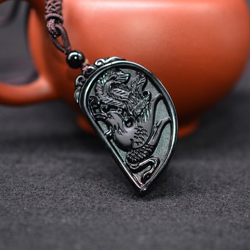 1 Set Obsidian Carving Dragon and Phoenix Necklace Pendant YIN YANG Pendant Necklace Obsidian Lucky Pendants