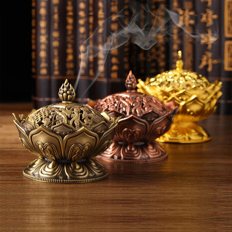 Lotus Flower Incense Burner Buddhism Buddha Holder Brass Mini Censer Incense Metal Craft Home Decoration