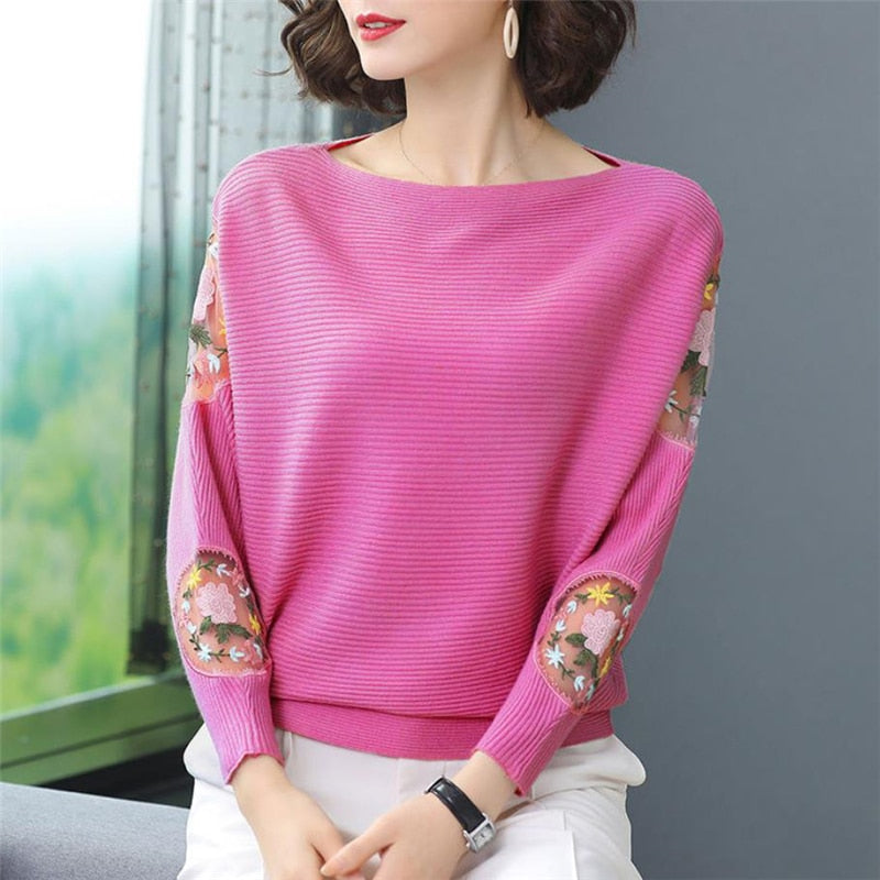 Flower Embroidery Batwing Sleeve O-Neck Spring Sweaters Women Casual Loose Knitted Pullovers  Large Size Knitwear Tops Female