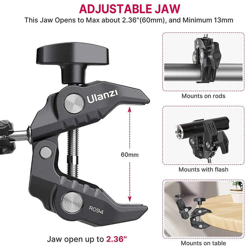 Ulanzi R094 Metal Super Clamp with 360° Ball Head Magic Arm Clamp with 1/4" 3/8" Hole for DSLR Camera Monitor LED Light Mic