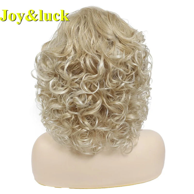 Joy&luck Short Curly Wig Synthetic Hair Wigs Gold Mix Blonde Color Women's Full Wig with Bangs Natural Daily Hair Style