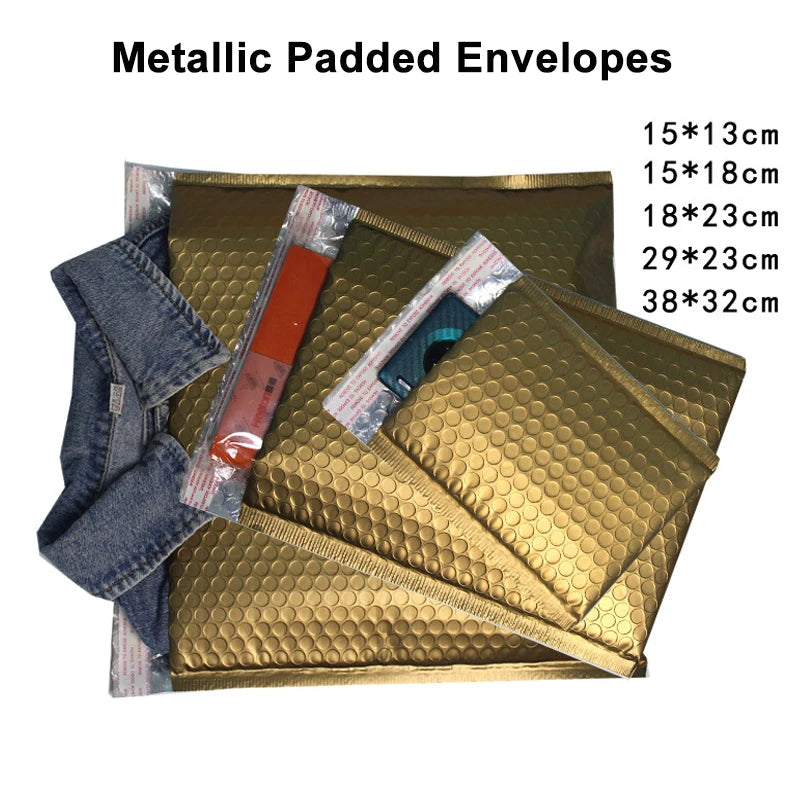 10PCS Gold Metallic Padded Envelopes Wedding Gift Bags Custom Logo Foil Postal Envelopes Padded Shipping Mailing Envelopes