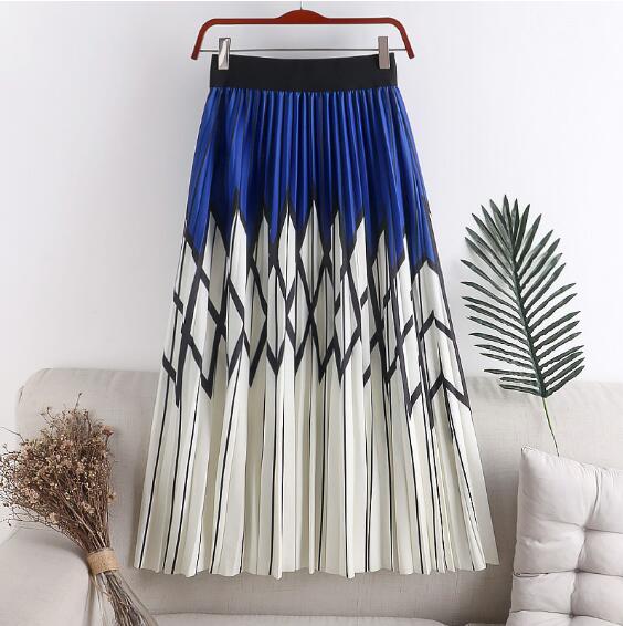 Geometric Striped Skirts For Women 2022 Summer OL Black Pleated Skirt Casual A-Line Patchwork Print Midi Skirt Autumn Winter New