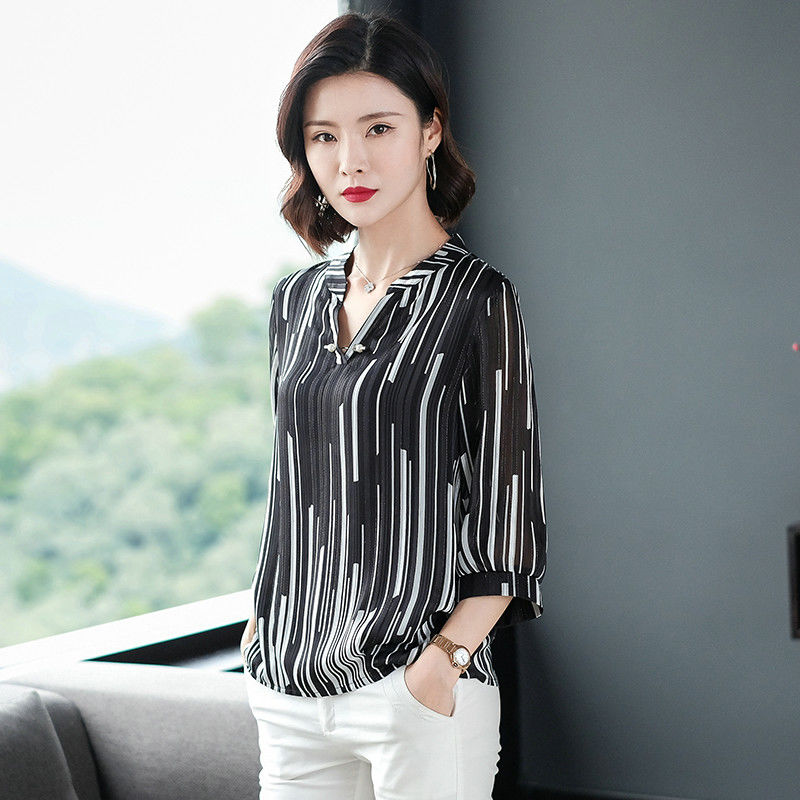 Women&#39;s Spring Summer Style Chiffon Blouses Blouses Shirt Women&#39;s Striped V-neck Three Quarter Sleeve Casual Loose Tops SP015