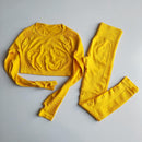 Damen nahtlose Yoga-Sets mit hoher Taille, Gym-Mesh-Leggings, Hemdenanzug, langärmelige Fitness-Workout-Sportlauf-dünne Yoga-Sets