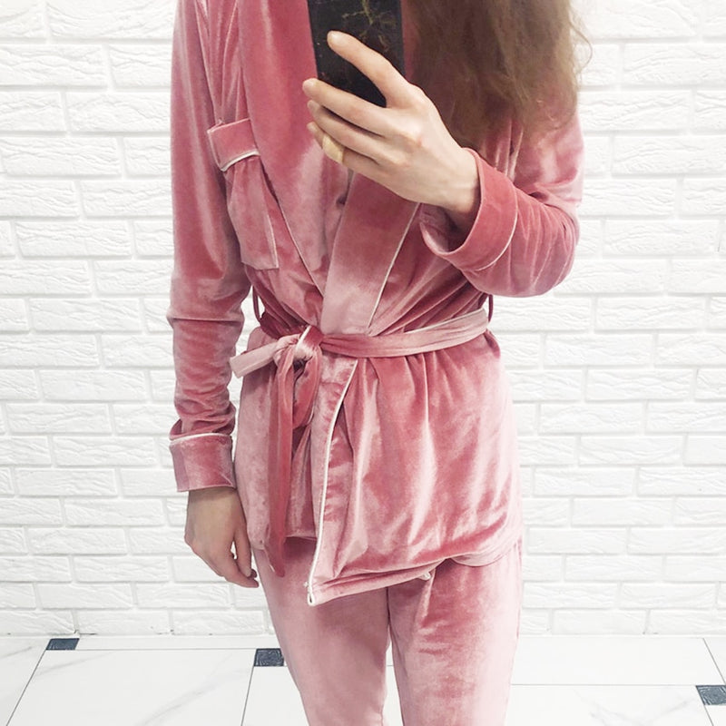 HECHAN Gray Velvet Pajamas Warm Long Sleeve Home Suit For Women Two Piece Set Thick Sleepwear Set Night Suit Sets Autumn Female