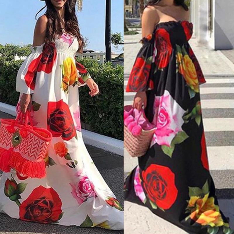 Hot Holiday Boho Women Off Shoulder Backless Flare Sleeve Floral Print Maxi Dress party Out of the ordinary Dress платье