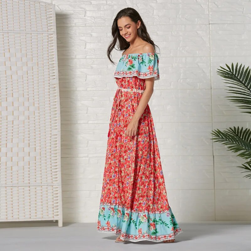 AECU 2021 Women Boho Long Dress Floral Printing Beach Maxi Dress Off Shoulder Vintage Big Pleated Dress Female Vestidos