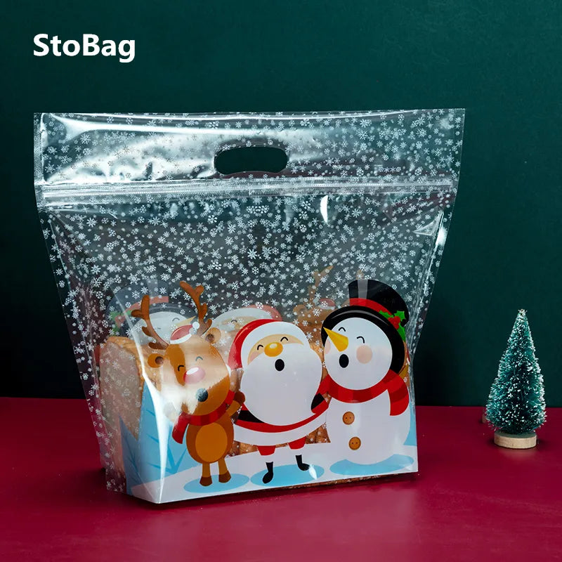StoBag 50pcs New Year Christmas Bread Packaging Bags Hnadle Santa Claus Toast Supplies For Home Handmade Gift