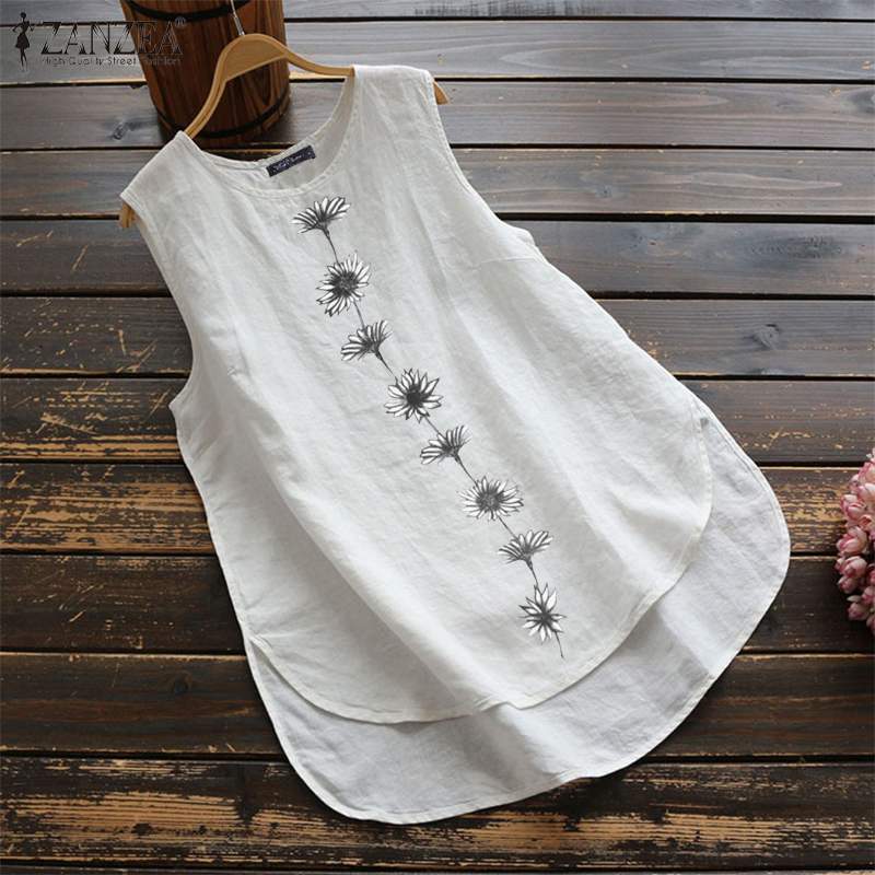 ZANZEA Vintage Sleeveless Blouse Women Floral Printed Tanks Tops Summer Shirt Female Loose Vests Robe Casual Cotton Linen Blusas