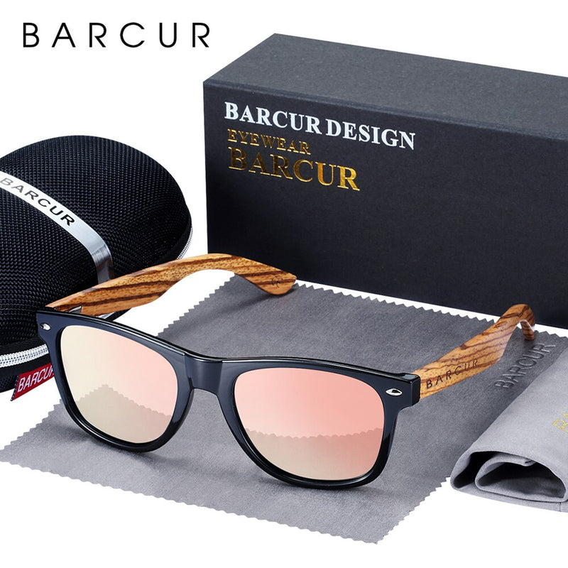 BARCUR Natural Zebra Wood Sun Glasses Polarized Sunglasses Wood Rectangle Mirror Lens Driving UV400 Men Women Eyewear