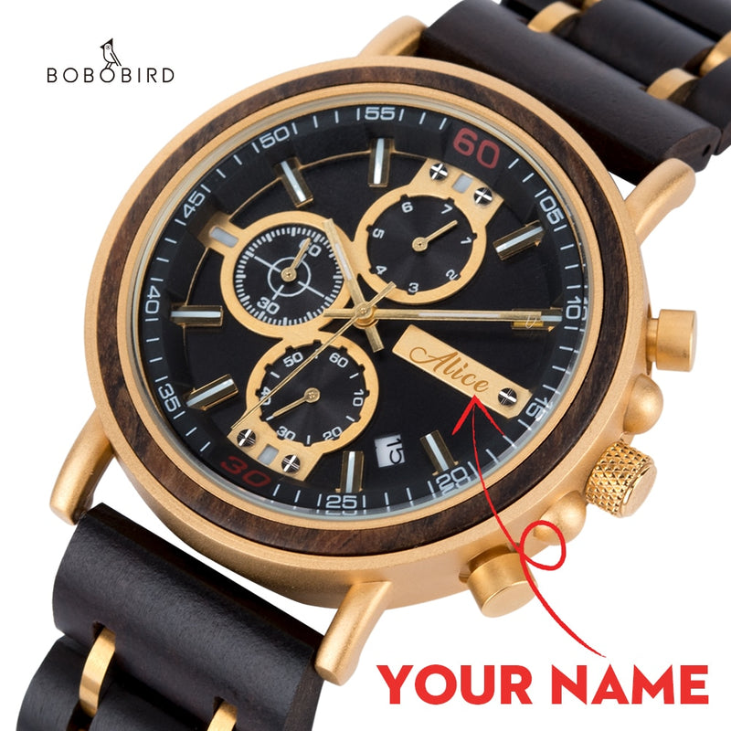 relogio masculino Watch Men BOBO BIRD Wood Military Stainless Steel Customize Name Chronograph Wristwatch Anniversary Gift