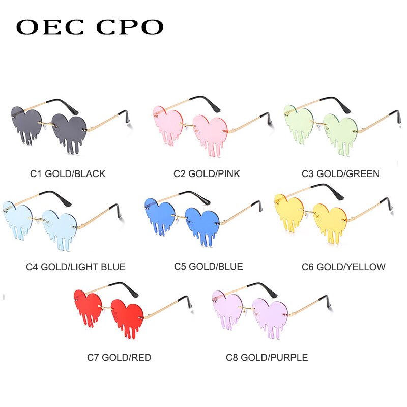 OEC CPO Unique Heart Rimless Sunglasses Women New Fashion Red Blue Tears Shape Sunglasses Female Vintage Steampunk Eyewear UV400