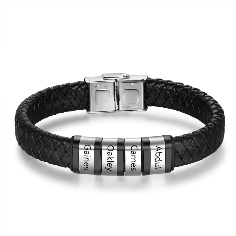 JewelOra Personalized Men Braided Leather Bracelets with Custom Beads Engraved Family Name Stainless Steel Bracelets for Men Dad