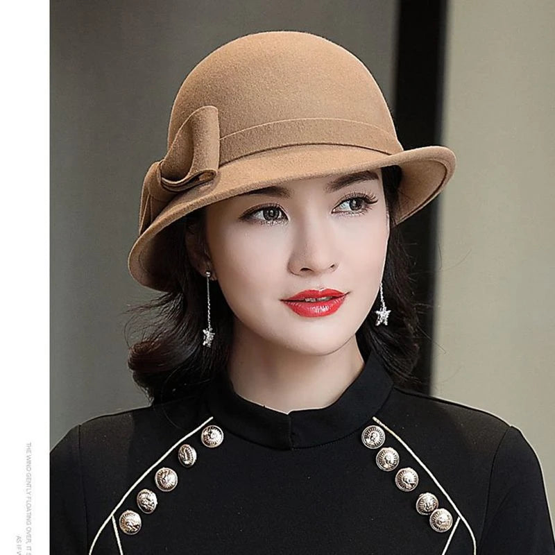 Mother Gift Women Winter 100% Wool Felt Cloche Hats Lady Elegant Up-turn Brim Bowknot Fedora Hat