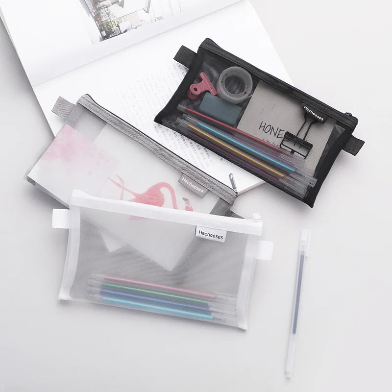 Ellen Brook 1 PCS Creative Mesh Transparent Cute Square/Oval Portable Pen Pencil Pouch Bag School Office Supply Stationery Case