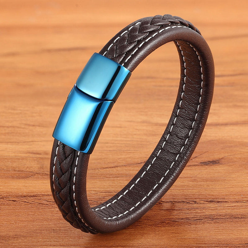 XQNI Classic Luxury Blue Color Leather Combination Stitching Blue Color Simple Buckle For Stainless Steel Leather Men's Bracelet