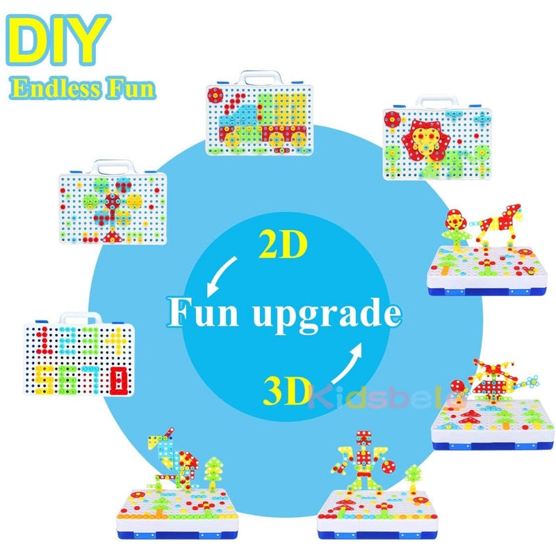 Drilling Screw 3D Creative Mosaic Puzzle Toys For Children Building Bricks Toys Kids DIY Electric Drill Set Boys Educational Toy