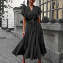 Women Vintage Butterfly Sleeve V Neck Party Dress High Street Ladies Solid Lace-Up Ruffle Dress Summer Elegant Dress Vestido 3XL