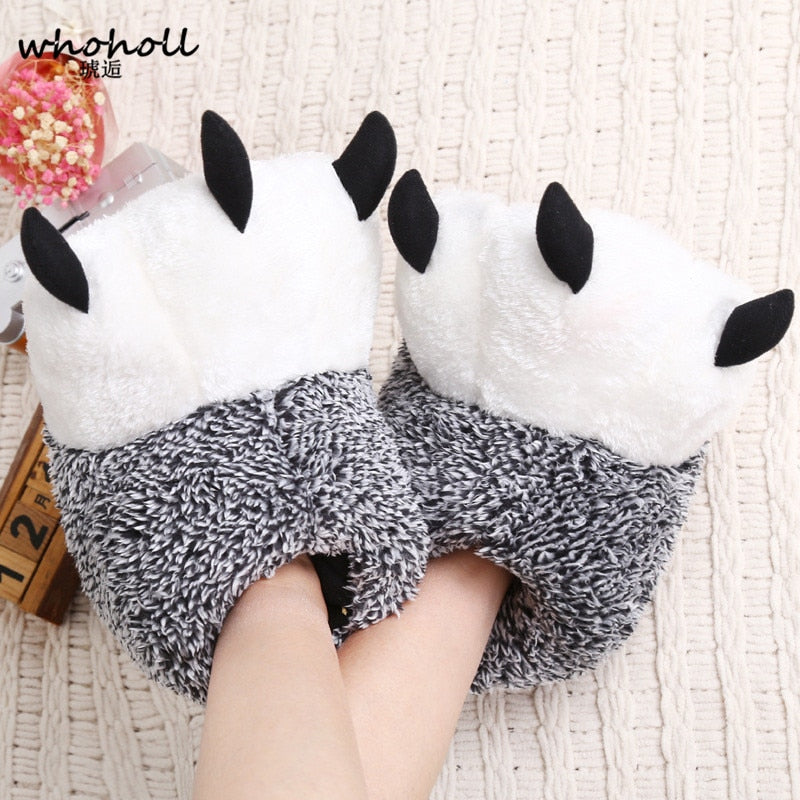 WHOHOLL Winter Warm man women Home slippers Animal panda Paw Plush Slippers female Thermal Soft Cotton indoor house shoes