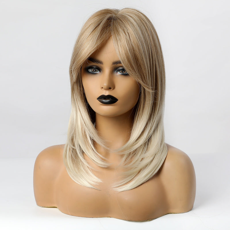 LOUIS FERRE Ombre Blonde Synthetic Wig with Bangs for Women Medium Length Layered Straight Bob Wigs Heat Resistant Daily Use Wig