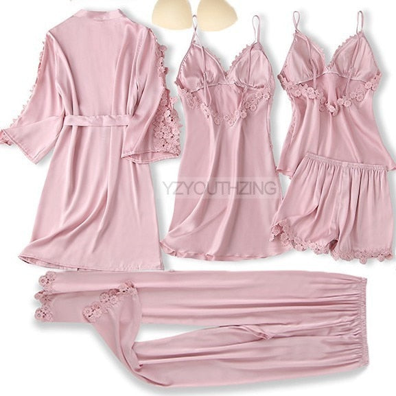 5PCS Robe Suit Satin Women Nightwear Lace Kimono Gown Bridal Wedding Bathrobe Set Sexy Pajamas V-Neck Sleepwear Lounge Lingerie