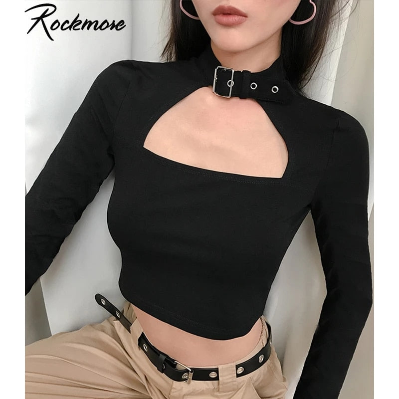 Rockmore Korean Style Harajuku Buckle Women Turtleneck Long Sleeve T Shirt Femme Basic T-shirt Hollow Out Gothic Cotton Crop Top