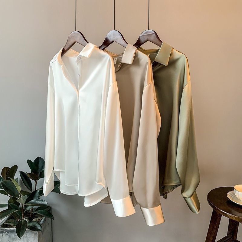 High Quality Elegant Imitation Silk Blouse Spring Women Fashion Long Sleeves Satin Blouse Vintage Femme Stand Street Shirts