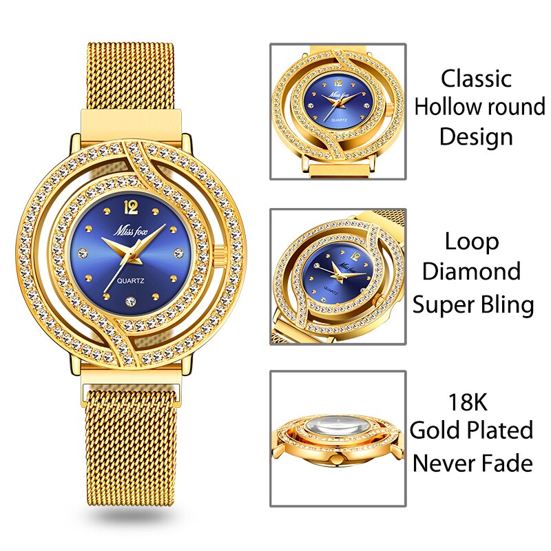 MISSFOX Magnetic Watch Women Luxury Brand Waterproof Diamond Women Watches Hollow Blue Quartz Elegant Gold Ladies Wrist Watch