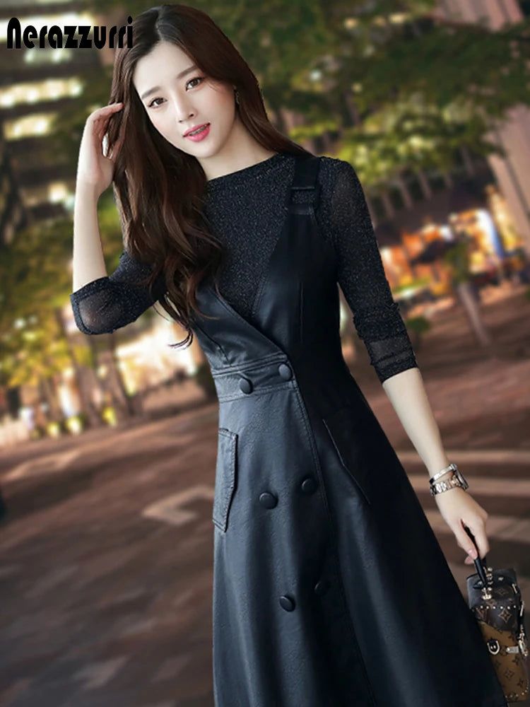 Nerazzurri Summer long black pu leather dress women strap midi faux leather dresses for women 2021 Womens Elegant Korean fashion