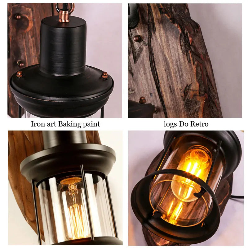 Industrial Light Design Retro Iron Wood Lamp Glass Wall Lamp Creative Cafe Restaurant Bar Bedside Wall Light Sconce Bra